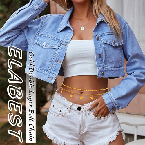 ELABEST Layered Gold Belly Chain 14K Plated Waist Chian Adjustable Sexy Waist Jewelry for Women - size: S(24 inch+7.8inch), style: H