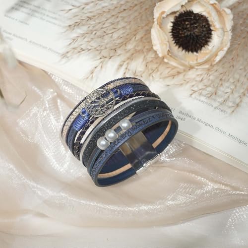 Leather Wrap Bracelet for Women, Boho Cuff Bracelet with Strong Clasp, Multi-Layer Crystal Leather Bracelet for Valentine Mother's Day - color: 02-Tree of Life-Blue