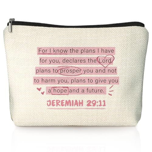 Pink Christian Makeup Bag, Bible Verse Preppy Coquette Pink Bow Cosmetic Bag for Women, Christian Gifts for Women, Religious Scripture Small Toiletry Bags Zipper Makeup Pouch - color: 00-JEREMIAH 29:11(Bible)