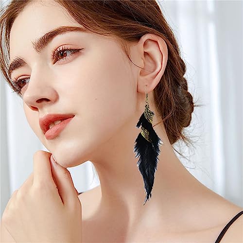 Bohemian Handmade Natural Long Feather Dangle Earrings for Women Multicolor Tassel Feathers Dangle Drop Earrings Vintage Bohemian Earrings Boho Feather Earrings - color: Black