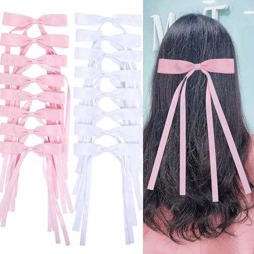 WORTL Hair Bows Clips Coquette Ribbon Bowknot with Long Tail Princess Hair Bows French Barrettes Hair Accessories for Women Girls 16PCS (Pink, White) - color: Pink, White