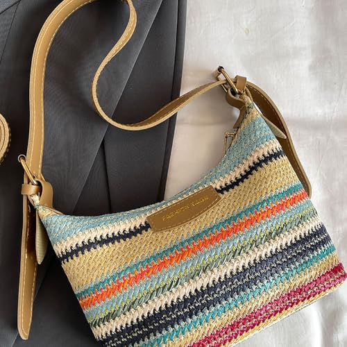 Women's Woven Beach Shoulder Handbag Colorful Straw Tote Bag Summer Vacation Crossbody Bag - color: 9706black