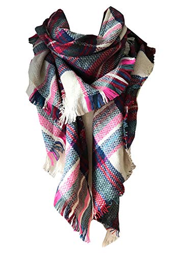 Wander Agio Womens Warm Long Shawl Winter Wraps Large Scarves Knit Cashmere Feel Plaid Triangle Scarf - color: Beige Pink Colour 1