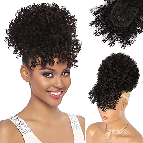 Drawstring Ponytail with Bangs Afro Puff for Black Women | Short Kinky Curly Puff, Curly Clip in Wrap, Updo Hairpiece, Hair Extensions - color: 2###