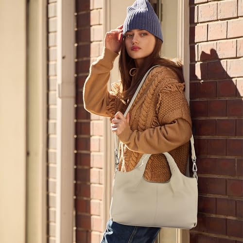 Iswee Genuine Leather Shoulder Bags Purses and Handbags for Women Satchel Designer Cross Body Hobo Medium Size Tote - color: Apricot
