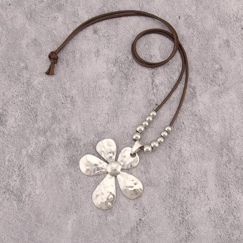 Bohemian Women's Leather Long Pendant Necklace Sweater necklace Adjustable Retro Woven Handmade Jewelry - color: Silver Flower