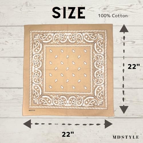 MDSTYLE 100% Cotton Bandana for Men & Women 22" x 22" Paisley Pattern Handkerchief Headband Scarf - color: Tan