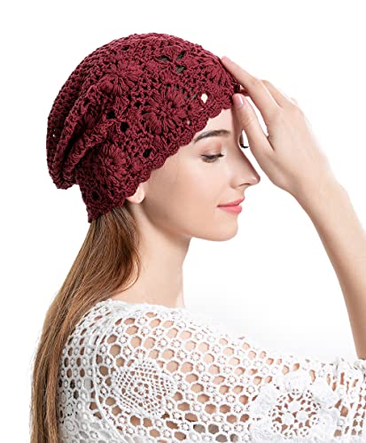 ZLYC Women Cotton Crochet Slouchy Beanie Hat Handmade Knit Summer Skull Cap - color: Burgundy Red