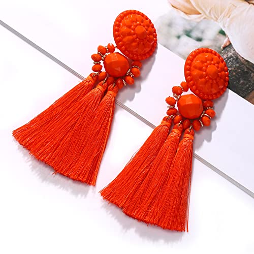 boderier Bohemian Statement Thread Tassel Chandelier Drop Dangle Earrings with Cassandra Button Stud - color: Orange