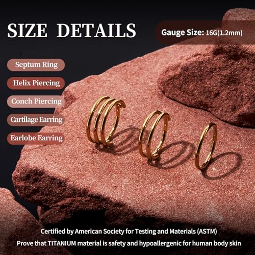 G23 Titanium 3PCS/7PCS 16G Cartilage Double-Hoop Helix Conch Piercing Jewelry With Cubic Zirconia Flat Back Stud Earrings Set For Women Men - color: B-3PCS-Gold-16G-8mm