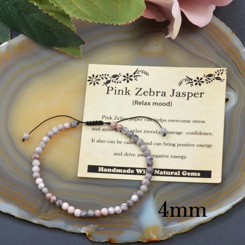 468Handmade Adjustable Natural Gemstone Crystal Bracelet Healing Power Energy Inspirational Gifts with Card for Unisex - color: 07-Pink Zebra Jasper(Relax mood), size: 4mm