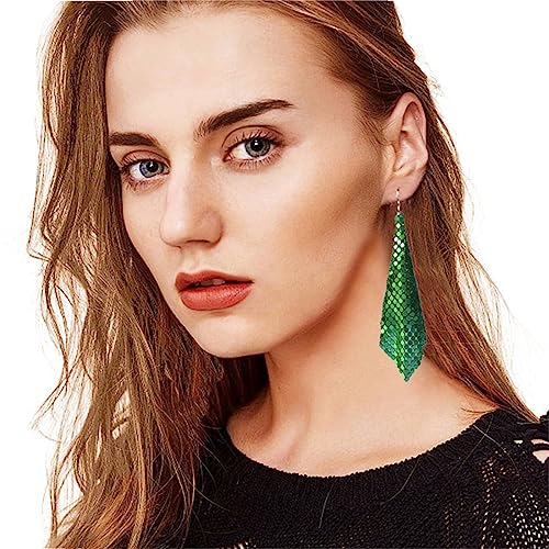 coadipress Metal Mesh Grid Sequins Tassel Long Drop Dangle Earrings for Women Trendy Lightweight Charms Disco Vintage Colorful Long Hook Earrings Bridal Wedding Jewelry - color: Green
