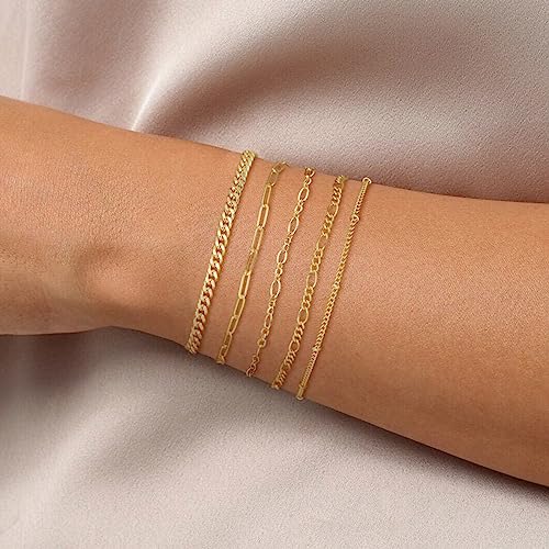 Dearmay Gold Bracelets for Women Waterproof, 14K Gold Plated Minimalist Bracelets Stack Non Tarnish Trendy Dainty Herringbone Vintage Cuban Paperclip Rope Thin Box Link Chain Stackable Jewelry Sets Modern Fashion Accessories Gifts for Womens - style: 5Pcs