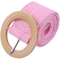 Women's Cotton and Linen Style Plastic Straw Braided Belt Circle Buckle for Dresses - color: Pink