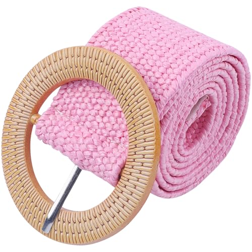 Women's Cotton and Linen Style Plastic Straw Braided Belt Circle Buckle for Dresses - color: Pink