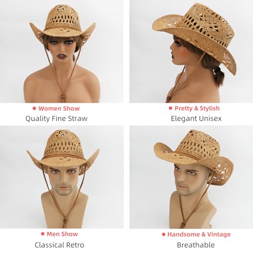 Straw Cowboy Hat for Women and Men with Shapeable Wide Brim Sun Beach Western Cowgirl Hat - color: Khaki