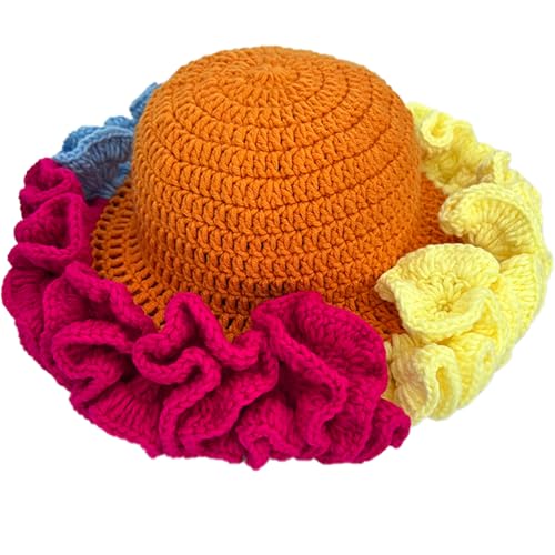 Handmade Crochet Bucket Hat for Women Boho Chic Slouchy Design Colorblock Ruffled Brim Festival&Daily Crochet Hat - color: Orange Crown Contrasting