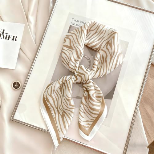 CHUNG Women's Scarf Hair Bandanas Square 27.5" Satin Wrap Fashion Pattern Scarves Emulation Silk Handbag Ribbons Necktie - color: Light Khaki Zebra
