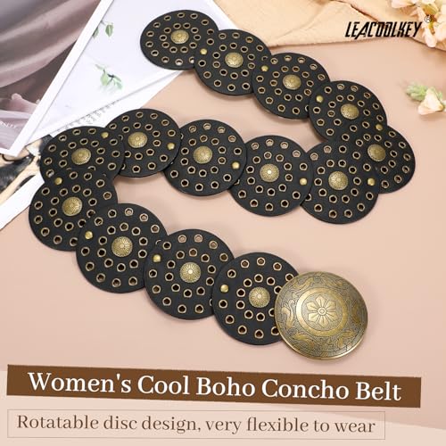 LEACOOLKEY Women's Boho Disc Belt Wide Western Leather Belt Vintage Concho Waist Belts for Dress Jeans - color: A-black, size: Fits 46"–51" (Waist/Hips), style: Style a