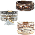 Leather Wrap Bracelet Set 3Pack Wrist Cuff Bracelet for Women Multilayer Magnetic Clasp Bracelet Feather Tree Bead Crystal Bracelet - color: Crystal Tassel