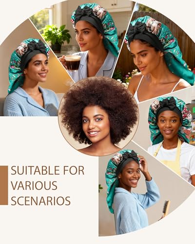 AWAYTR Long Satin Bonnet for Braids - Elastic Silk Hair Bonnets for Sleeping Night Cap Stretchy Tie Band for Women（Flower A） - color: Flower A