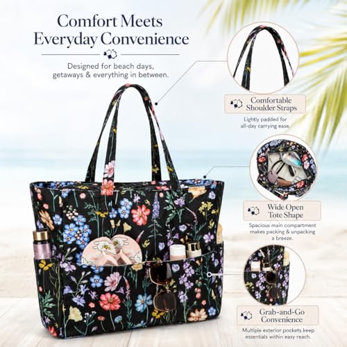 Bluboon Waterproof Beach Tote Pool Bags for Women Ladies Extra Large Carry On Bag With Wet Compartment for Weekender Travel - color: Black Butterfly-floral