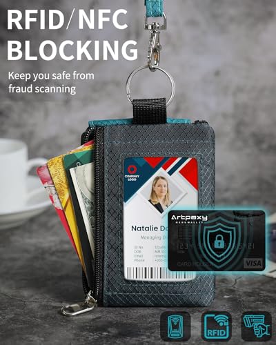 Artpaxy Minimalist Wallet For Mens Womens, Keychain RFID Blocking Zipper Small Wallet with ID Window 2 Lanyards,Water Resistant Travel Cash Card Coin Case Boys Girls - color: Dark grey+Blue green, style: Casual