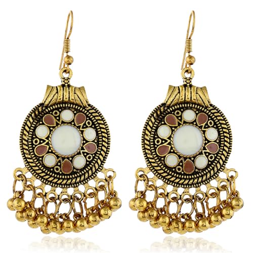 Vintage Boho Statement Drop Dangle Earrings for Women Bohemian Ethnic Handmade Beaded Charms Earring Bohemian Retro Chandelier Tassel Earrings Mexico Gypsy Jewelry Gift - color: Gold Round White