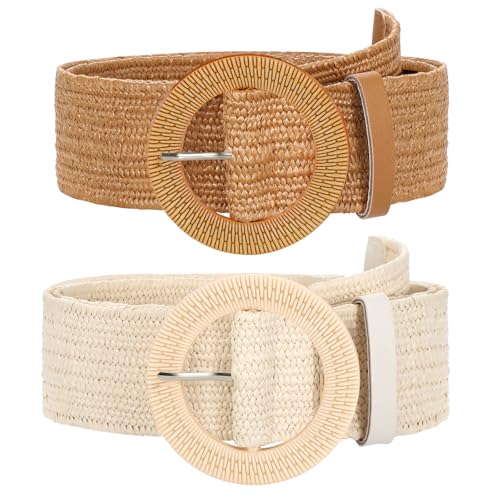 SUOSDEY 2 Pack Straw Woven Elastic Belt Braided Stretch Wide Boho Rattan Waist Belt for Women Dresses - color: 01-brown+beige(round Buckle), size: Fit Waist up to 35''