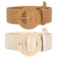 SUOSDEY 2 Pack Straw Woven Elastic Belt Braided Stretch Wide Boho Rattan Waist Belt for Women Dresses - color: 01-brown+beige(round Buckle), size: Fit Waist up to 40''