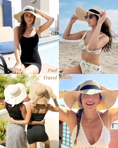 FURTALK Womens Sun Straw Hat Wide Brim UPF 80 Summer Hat Foldable Packable Floppy Beach Hats for Women - color: Mix Beige, size: Large-X-Large