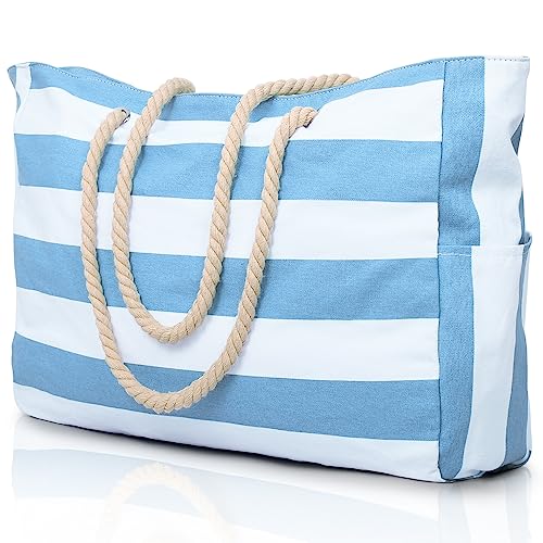 Becokan Beach Bag Large Beach Tote Bag for Women Waterproof Sandproof Swim Pool Bag With Zipper - color: Sky Blue