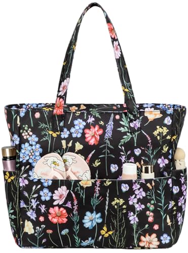 Bluboon Waterproof Beach Tote Pool Bags for Women Ladies Extra Large Carry On Bag With Wet Compartment for Weekender Travel - color: Black Butterfly-floral