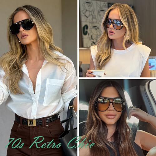 GRFISIA Retro Oversized Aviator Sunglasses for Women Men Metal 70s Aviators 2026 Fashion Shades for Beach Vacation UV400 - color: (2pcs) Black/Gray+black/Brown