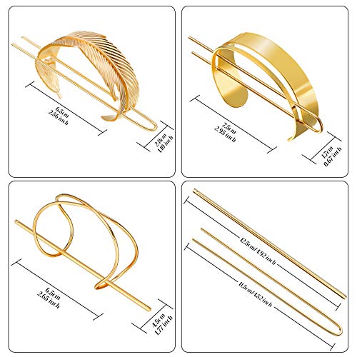 3 Pieces Gold Hair Accessory Set: Feather X-Shaped Bun Clip, Stick and Round Top