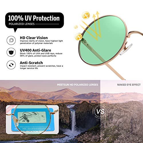 MEETSUN Small Round Polarized Sunglasses for Men Women Metal Retro Hippie Circle Sun Glasses Driving Festival Cosplay UV400 - color: Gold / Green
