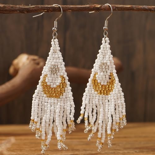 Bohemian Beaded Long Tassel Dangle Earrings for Women, Handmade Jewelry White Tarnish Resistant Lightweight Design, Stylish Accessory for Beach Vacation Party and Gift - color: white-02
