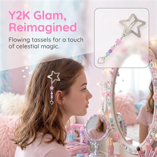 Pndeyo 2pcs Star Tassels Hair Clips for Women, Heart Non-Slip 2000s Y2k Snap Barrettes, Cute Star Beaded Pendant Pin Accessories for Braid Long Short Thin Thick Hair- Silver - color: Silver-B Style