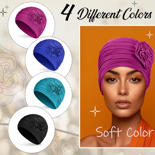 JenPen 4 Pcs Cotton Chemo Headwear for Women Turban Soft Cancer Head Scarf Hats Beanie Elastic Hair Wraps - color: Purple, Turquoise, Blue, Black