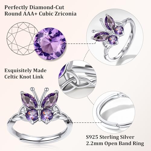 Bestyle 925 Sterling Silver Butterfly Ring Hypoallergnic Adjustable Birthstone Rings for Women Butterfly Jewelry Gifts for Anniversary Mothers' Day Birthday - color: 02.February (Amethyst)-Ring