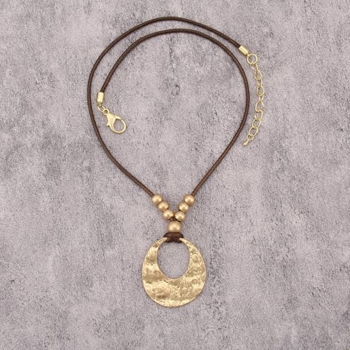 GelConnie Leather Necklaces Turquoise Long Boho Necklaces for Women Brown Chunky Circle Pendant Chocker Necklace Gold Sweater Necklace - style: Western Choker Necklace
