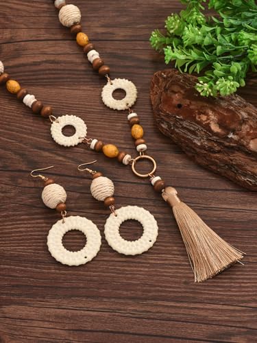 Boho Wooden Beaded Necklace and Earrings Set, Handmade Woven Circle Pendant Jewelry with Tassel, Lightweight Summer Beach Accessories for Women