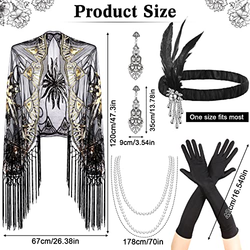 Zhanmai 5 Pcs 1920s Flapper Accessories for Women Roaring 20s Headpiece Shawl Necklace Earring Gloves - color: Black Gold, style: Vintage