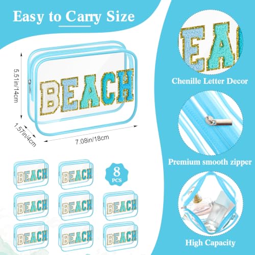 Kacctyen Clear Makeup Bag Bulk Summer Beach Sunscreen Pouch Waterproof Toiletry Cosmetic Zippered Organizer with Preppy Chenille Letter Patch(Beach,Lake Blue,8 Pcs) - color: Lake Blue, size: Beach