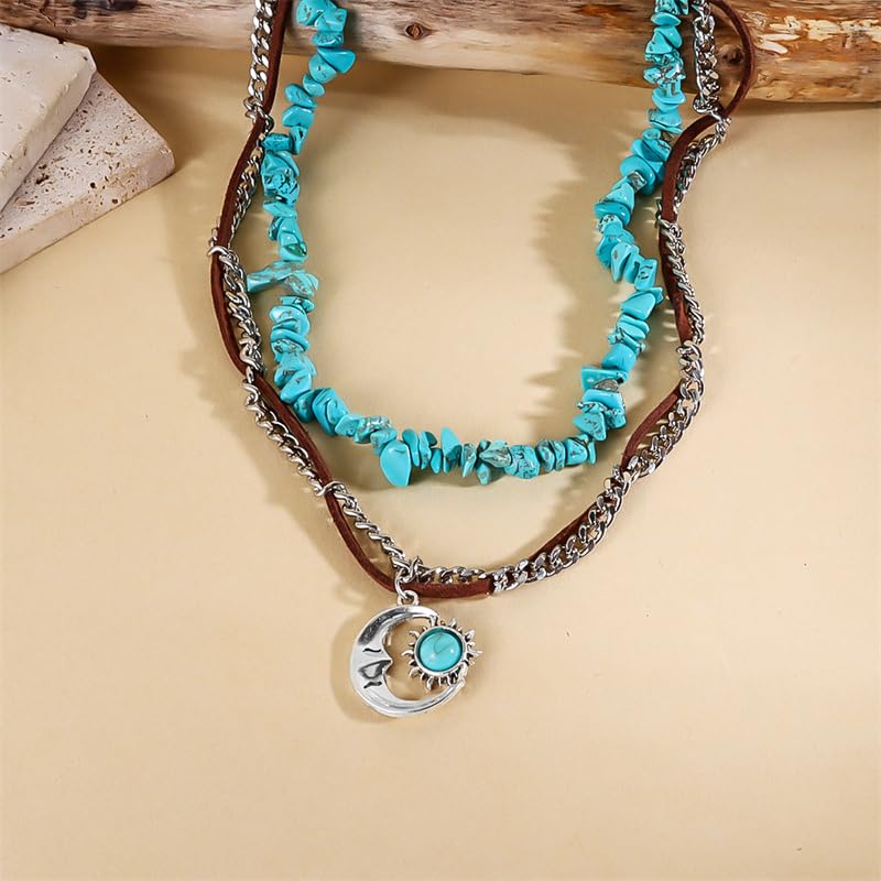 Pingyongchang Boho Layered Western Turquoise Necklaces for Women Vintage Stone Beaded Chokers Butterfly Catus Chain Country Concert Cowgirl Cowboy Jewelry Holiday Gifts - style: C Moon 2