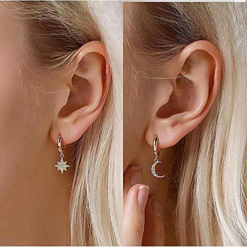 MILACOLATO 925 Sterling Silver Hoop Earrings for Women 18K Gold/Rhodium Plated Drop Dangle Hoop Earrings with Charms Cross Spike Moon Star Paperclip Link Statement Earrings Convertible Link Huggie Earrings Hypoallergenic - color: Gold Tone : Moon Star Ear