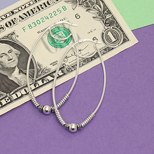 LeCalla 925 Sterling Silver Large Hoop Earrings | Lightweight Antique Bali Hoops | Two-Tone Bohemian Oxidized Balinese Earrings for Women - color: Oval BIG Bead-65mm