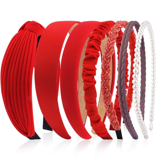 VELSCRUN Headbands for Women 7 Pcs Different Red Knotted Solid Pearl Head Bands Non Slip Hair Band for Womens Gilrs Thin Thick Short Hair Fashion Accessories - color: Red