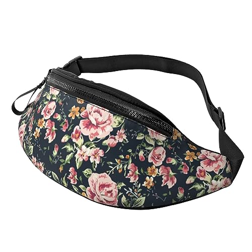 Beautiful Flowers Floral Pink Green Leaves Retro Fashion Casual Fanny Pack Waist Bag Men Women Adjustable Belt Waist Bag For Travel Hiking Cycling Running Festival Carnival - color: Black19