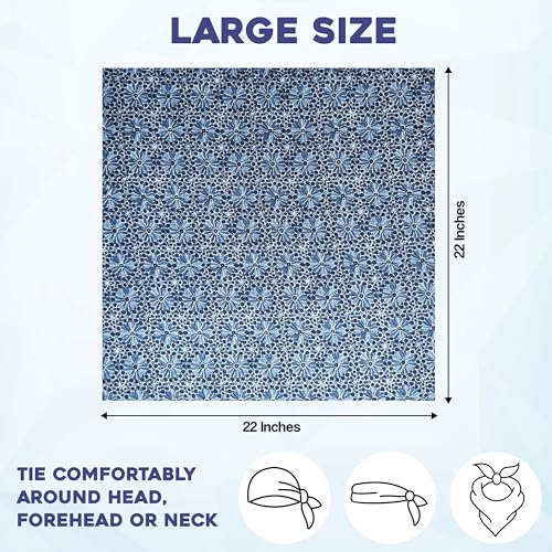 AVKA Studio 100% Cotton Bandanas for Women & Men, 2 Pack 20x20 Inch, 22x22 inch Hand Printed, Lightweight Cotton Handkerchief - color: Deep Blue, size: 22 x 22 Inches Large